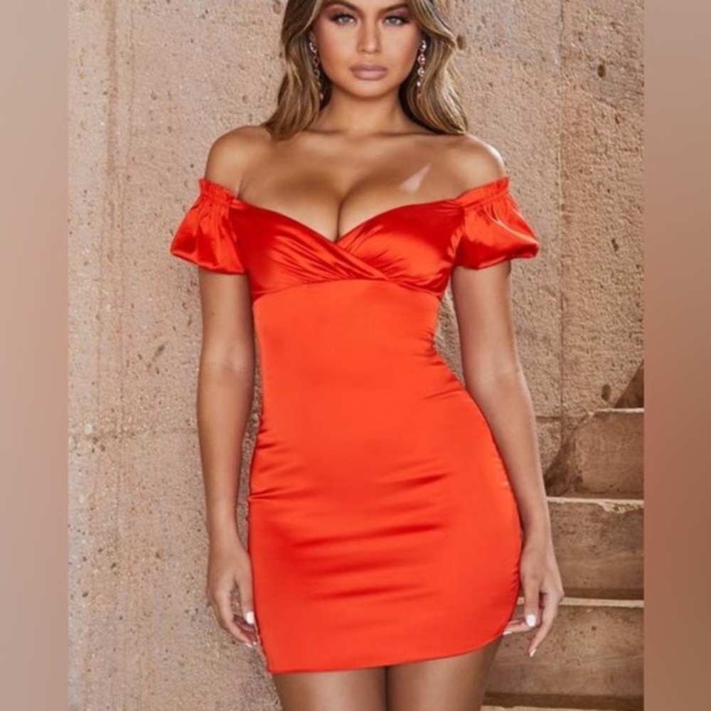 NWT Oh Polly Infinite Love Puff Sleeve Satin Mini Dress in red